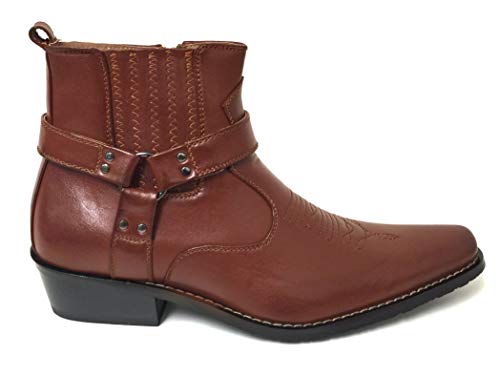 G4U-Alberto Fellini Men's Cowboy Boots Western Ankle Harness Shoes, Brown-102