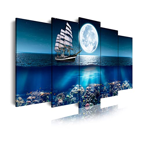 DekoArte 293 - Cuadros Modernos Impresión de Imagen Artística Digitalizada | Lienzo Decorativo Para Tu Salón o Dormitorio | Estilo Paisajes Mar Océano Barco Velero | 5 Piezas 150 x 80 cm