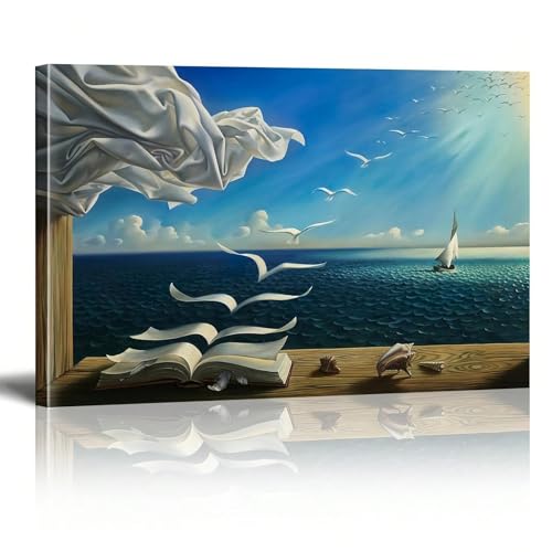 Zhadongli Art Arte murale su tela con libro e uccello, stampa su tela di Salvador Dalì, famoso dipinto su tela per soggiorno, ufficio, decorazione da parete 40x60 cm (16x24 pollici) con cornice