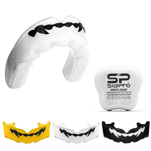 Mouthguards for Boxing Football Sports Men Women Adult Youth Junior/Senior Mouldable Slim Fit Mouthpiece Boil and Bite Braces Gum Shield with Case MMA muay Thai Rugby Martial Arts (White, Junior)