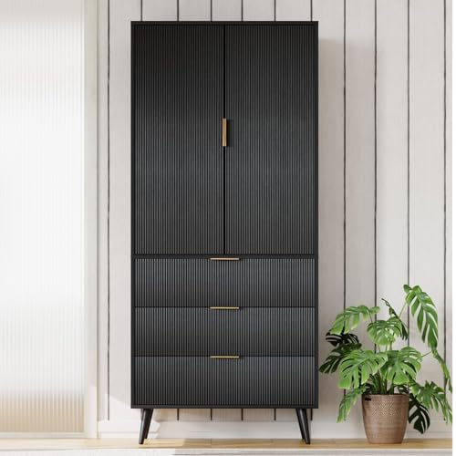 Image of Fluted Tall Cabinet, Kitchen Pantry Cabinet with Adjustable Shelves, Wood Cupboard with 3 Drawers 2 Doors, Mid Century Modern Cabinet for Living Room Dining Room Entryway Office, Black