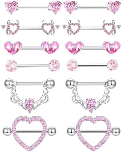 TIANCI FBYJS 6 Pairs Rings Stainless Steel Heart Butterfly Moon Flower CZ Stud Barbell Tongue Rings Set Cute Nipplerings Piercing Jewelry for Women Pink Tone