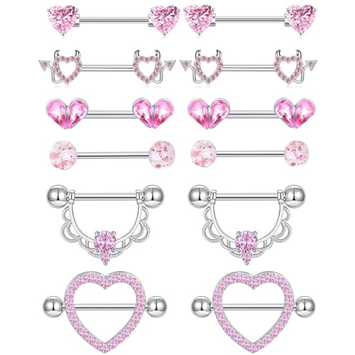 TIANCI FBYJS 6 Pairs Nipple Rings Stainless Steel Heart Butterfly Moon Flower CZ Stud Barbell Tongue Rings Set Cute Nipplerings Piercing Jewelry for Women Pink Tone