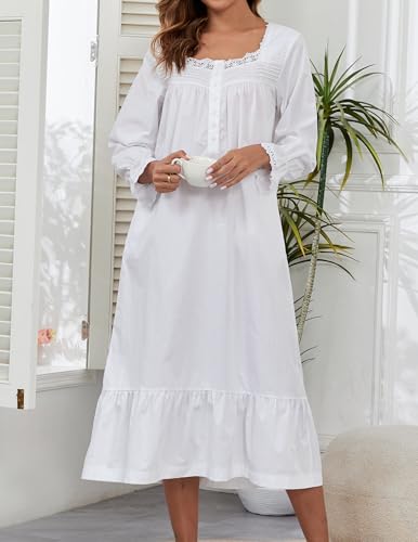 100% Cotton Nightgowns For Women Victorian Night Gown Long Sleeve House Dress With Pockets S-3XL3
