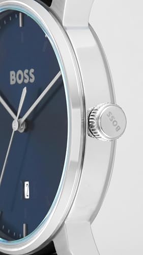 Image of Boss Hugo Dean Qtz Men's Analog Watch, Blue Round Dial, Brown Band 1514160, Basic Calendar, Leather Material