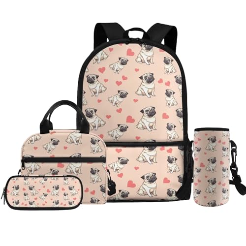 Coldinair Pug Girls Book Bag and Lunch Box Set Pink School Bags Set Cute Backpack for Girls Kids Elementary School Bookbag for Teens Kids Middle School Bookbag Travel Daypack Rucksack2