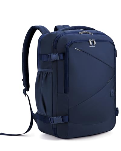 Image of ECOHUB Carry On Travel Backpack, Expandable Airlines Personal Item Bag 18x14x8, Water Resistant 17 inch Laptop Backpack Flight Approved, 12 Pockets 30L Work Backpacks with Wet Pocket Cable Slot, Blue