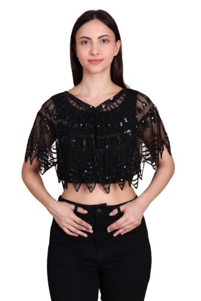 Women’s Sequin Embellished Sheer Cape Poncho Top – Lightweight Mesh Short Sleeve Crop Overlay for Festive, Evening & Cocktail Outfits.-picture-24