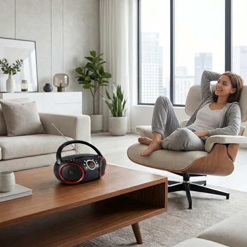 SINGING WOOD SBX030C Portable CD Player Boombox with AM/FM Stereo Radio, Aux Line-in, Headphone Jack, Top-Loading Disc Player, AC or Battery Powered, Foldable Handle (Black with Red Rims) by SINGING WOOD - Image 6