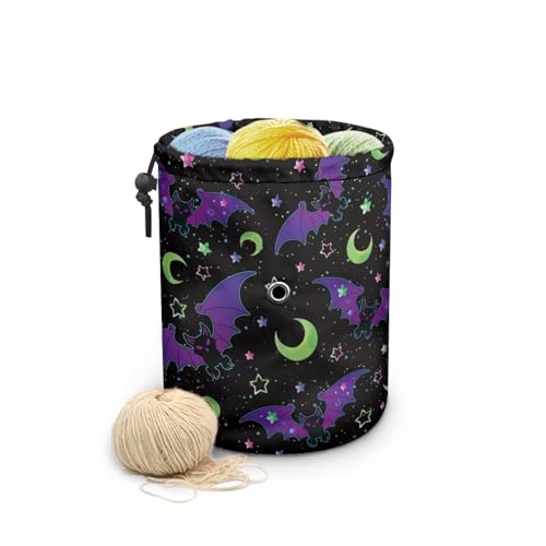 Image of Sellikakes Halloween Bats Moon Yarn Bag Crochet Storage Organizer with Drawstring, Crocheting Storage Bag Organizer Yarn Holder for Crocheting Project Store Skein Ball, Short Knitting Needle
