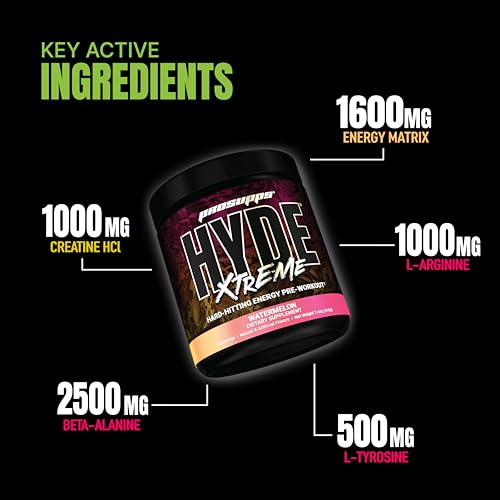Image of HYDE Xtreme - Hard Hitting Energy Pre Workout Supplement | Caffeine, Beta-alanine, Creatine HCl, L-arginine | For Muscle Pump, Vascularity, Strength and Focus | 30 servings, 195g (Watermelon)