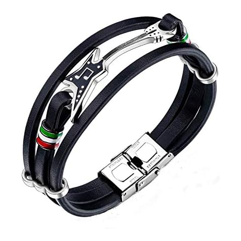 Bystar Men Stainless Steel Bracelet Fashion Punk Street Rock Electric Guitar Multi Layers Wrap Genuine Leather Wristband Cover