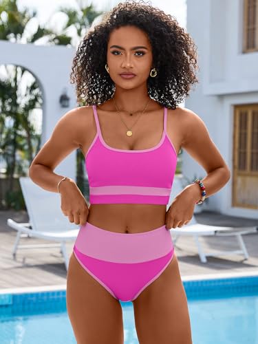 Image of ANRABESS Women's High Waisted Bikini Sets,Color Block 2 Piece Swimsuits,Tummy Control Bathing Suits,Thick Ribbed Beach Wear