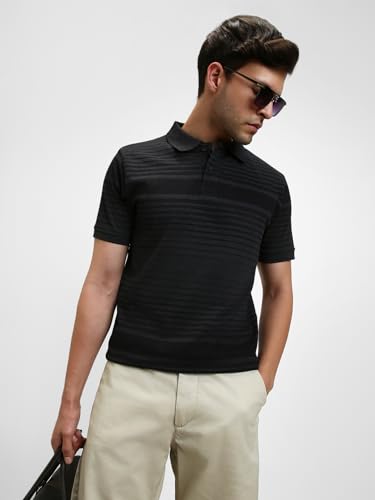 Image of Dennis Lingo Men's Cotton Black Stripes Regular Fit Button-Down Short Sleeve Polo Tshirt