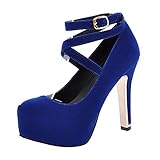  Dearney Damen High Heels Plateau Blockabsatz Pumps mit Riemchen 11cm Absatz Damenschuhe Geschlossen(Blau,41)