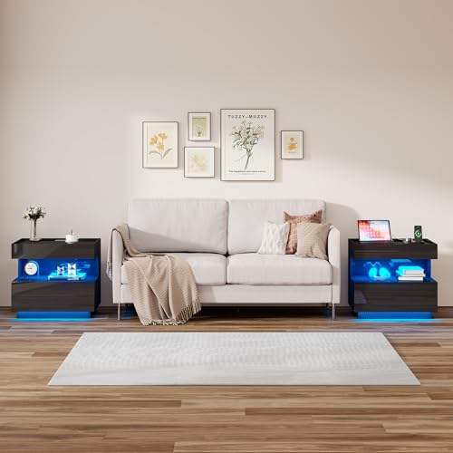 Image of HNEBC High‑Gloss LED Nightstand Set of 2 for Bedroom | Motion‑Sensor 3‑Color Lighting, Hidden Storage Compartment, Gun Drawers, USB, Type‑C & Wireless Charging Station-Black Night Stand Set 2