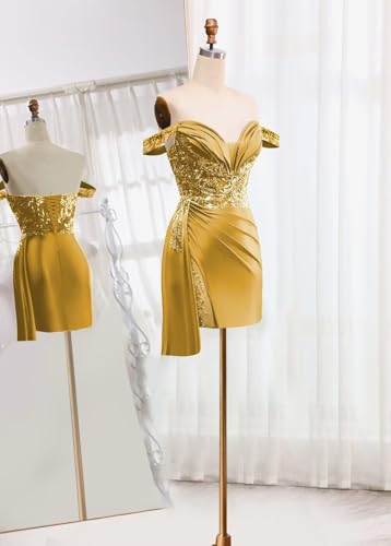 Off Shoulder Satin Homecoming Dresses for Teens 2025 Beaded Short Prom Dresses Pleated Cocktail Party Dress with Slit Tail3