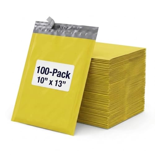 Image of BOX USA Shipping Bags 10 inch x 13 inch (100-Pack) Yellow - Heavy Duty Self-Adhesive Envelope Poly Mailers for Packing, Secure Shipping, & Small Business Mailing
