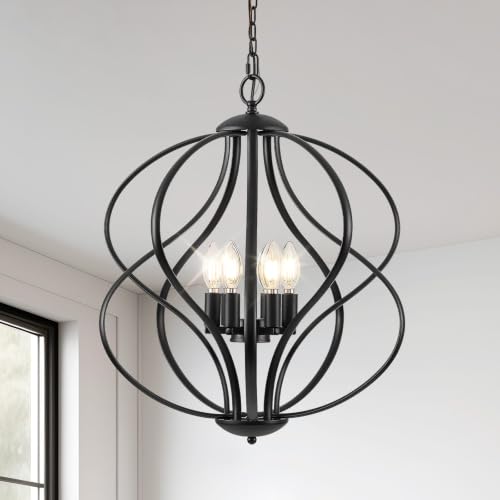 YURNYQ Modern Black Chandelier for Dining Room, 6 Lights Geometric Chandeliers, Sphere Chandelier Industrial Large Pendant Light Fixtures Hanging for Kitchen, Entryway, Foyer, Stairs by YURNYQ - Used condition - US$111.99