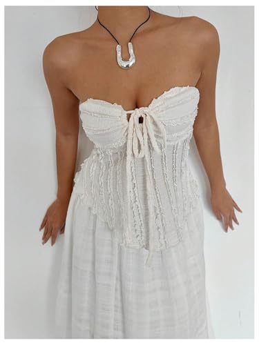 SOLY HUX Women's Tie Front Frill Trim Tube Top Strapless Asymmetrical Going Out Tops3