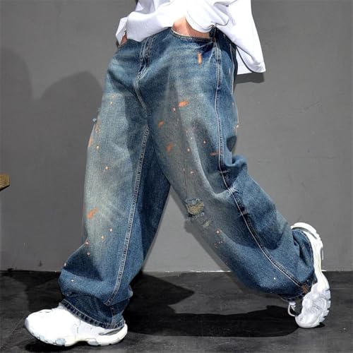 Men’S Trendy Hip Hop Loose Fit Ripped Distressed Baggy Skateboard Stacked Denim Pants Button Fly Streetwear Jeans4