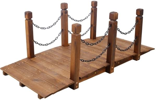 5 ft Wooden Garden Bridge Arc Footbridge with Metal Chain Railings & Solid Construction, Carbonized