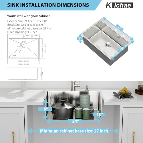 Image of Kichae 24 Drop In Kitchen Sink - Stainless Steel Sinks 24 x 18 Inch Topmount Overmount Single Bowl Handmade Basin with Accessories