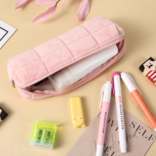 Image of WY LIGHTING LEVEL Small Plush Pink Pouch Travel Makeup Pouch Heavy Duty Aesthetic Pen Case Cute Cosmetic Bag Organizer Trendy Office Storage Bags Mini Zipper Toiletry Pouches for Women Men Adult
