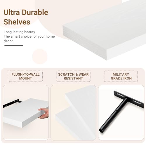Image of 55 Inch Floating Shelves, 12 Inch Deep Floating Shelves for Wall, Extra Deeper & Thicker Wooden Wall Shelf with Invisible Brackets, Shelf for Bedroom Living Room Home Decor(White, Set of 2)