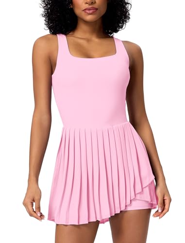 ABOCIW Tennis Dress for Women Square Neck Pleated Athletic Dress with Built-in Shorts & Bra Workout Golf Exercise Dresses Pink X-Small