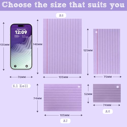 Siumir 600 Stücke Karteikarten, Doppelseitiger Druck, A7 Lernkarten, mit Krafteinband und Loseblattring, Sechsfarbige Linierte Karteikarte, geeignet für Büros & Wohnungen & Schulen (10,4 x 7,6 cm)