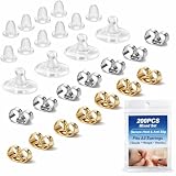 Bofoho 4 Styles Earring Backs Replacements– Hypoallergenic Silicone Earring Backings for Studs, Silver & Gold Tone Backs, Plus Support Disc Pads, Invisible Secure Soft for Sensitive Ears (200PCS)