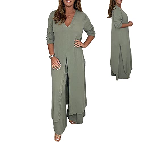 JIEJIAN 2023 Solid Casual Suit With Long Top & Matching Trouser, Women's V-Neck Slit Hem Shirt Wide-Leg Pants Two-Piece Set (Medium,Green)