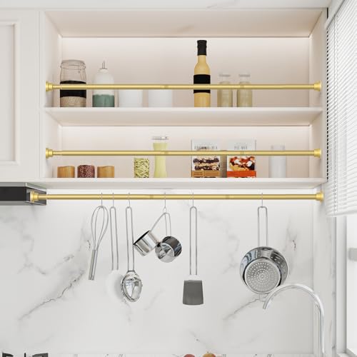 Image of Tension Curtain Rod 30-64 Inch Curtain Rods No Drilling Gold Tension Spring Rod Adjustable Curtain Rod Expandable Shower Pressure Tension for Windows Closet Doorway