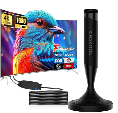 CHAKOOS Indoor TV Aerial with Amplifier – Tv Aerial Indoor Freeview HD/DVB-T2 Signal Booster, Magnetic Base, 3 m Coaxial Cable, VHF/UHF 470–862 MHz, Low-Noise Amp + 4G/5G Filter