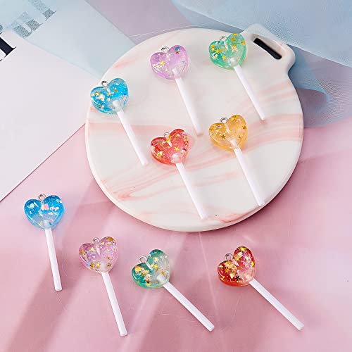 Liqunsweet 30Pcs 6 Colors Transparent Resin Glittery Heart Lollypop Charms Lollipop Pendants For Phone Straps Key Bag Decor Diy Jewelry Making #TOP5
