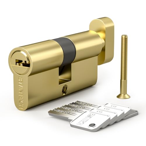 Bwintech 1 Stück 35T/35mm Euro Messingzylinder, 70mm Knauf/Schlüsselschloss mit 5 horizontalen Messingschlüsseln,Anti Picking,Anti Bohr,Anti Snap,Anti Bumping, poliertes Messing Finish
