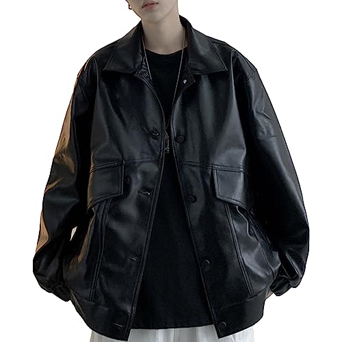Maiyifu-GJ Mens Faux Leather Jacket Zip-Up Motorcycle Bomber Coat Black Biker Lightweight Outwear With pocket (Black,Medium)