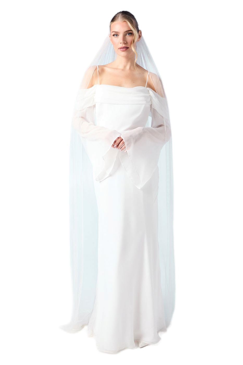 Coast Flare Sleeve Cowl Neck Chiffon Beach Wedding Dress, 8, Ivory