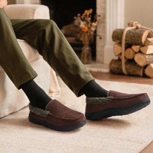 Image of Men's Moccasin House Slippers Memory Foam Suede Plush Indoor Bedroom Shoes | Fuzzy Non-Slip Warm Winter Comfy Cowboy Slippers for Indoor Outdoor Home Dad Husband Grandpa Gifts Black Brown Grey