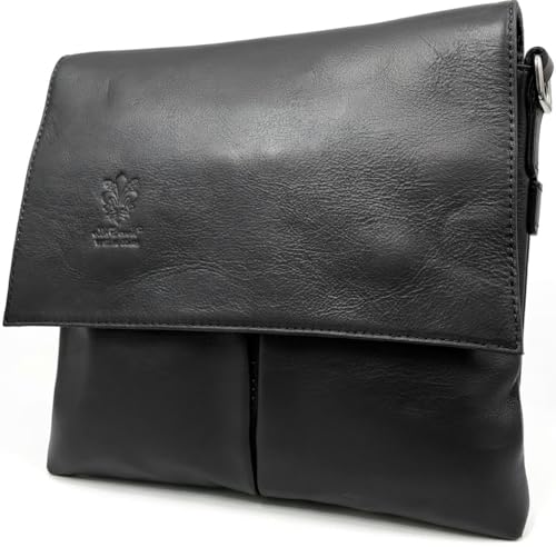 LeahWard Womens Double Pocket Messenger Bag, Genuine Italian Soft Leather Cross Body Shoulder Bag Handbag (Black)