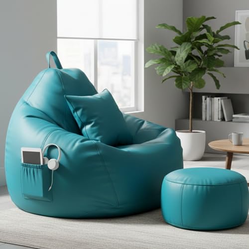 Image of KAM'S LIEU 5XL Bean Bag Combo with Footrest & Cushion | Filled with High Density EPS Beans | Comfortable Sofa for Living Room & Bedroom | 6 Months Warranty, Color- (Aqua, 5XL, Classic)