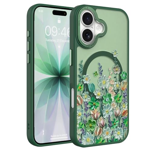 Image of Magnetic for iPhone 17 Case for Women Girls, Green Floral | Pretty Oil Painting Flower Pattern Design [Compatible with MagSafe] Shockproof Slim Translucent Matte Non-Slip Cover
