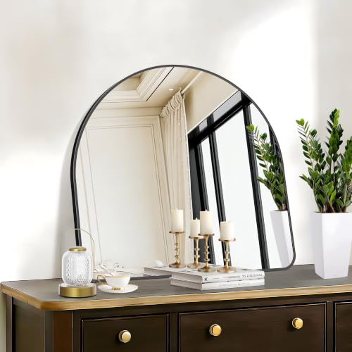 Image of FORBATH Arched Bathroom Mirror 30x30 Inch, Bathroom Mirror Wall Mounted Modern Black Aluminum Frame Decor Dresser Mirror for Bedroom Living Room Entryway, Hanging or Leaning Against Wall