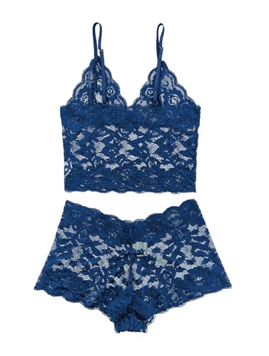 Image of Lilosy Sexy Sheer Floral Lace Pajamas Lingerie Set High Waist Sleepwear Bra and Panty 2 Piece Nightwear