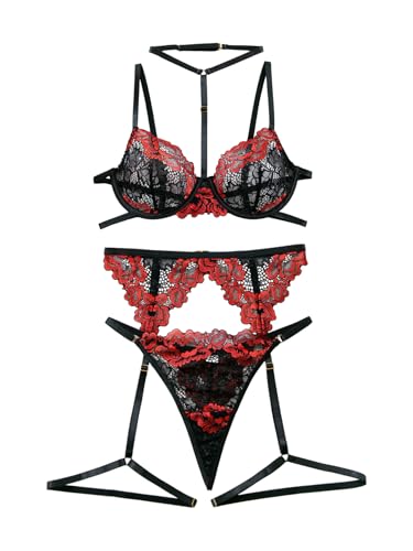 Image of Lilosy Sexy Choker Floral Lace Scallop Sheer Underwire Push Up Garter Belt Lingerie Set 3 Piece