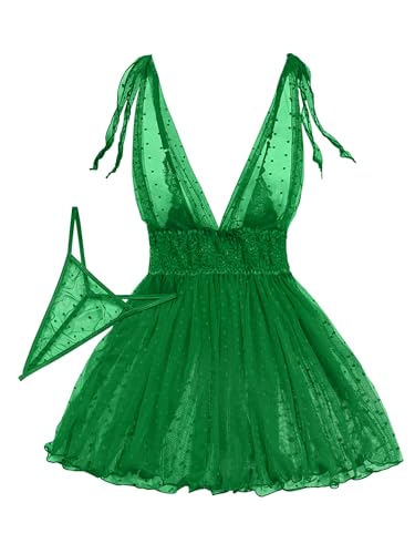 Image of Lilosy Sexy Polka Dots Mesh Sheer Lace Babydoll Chemise Lingerie Set Floral Sleep Wear