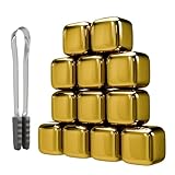 ShanSon Wine Chillers Metal Ice Cube 12 PCS Stainless Steel Whiskey Stones Reusable Whiskey Rocks Beverage Chilling Stones for Scotch and Bourbon Drinking Gifts Set for Men Dad Husband,Gold