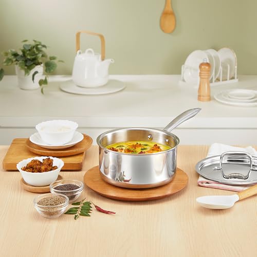 Image of Borosil Cookfresh Triply Stainless Steel 16cm (1.7L) Straight Shape Sauce Pan with Lid | SS304 Food Grade Steel, Dishwasher Safe | Compatible for Gas, Induction, Hot Plate, Halogen | 5 Years Warranty