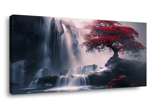 Lasdel Red Leaf Tree Stand by Waterfall Landscape Canvas Wall Art for Living Room Bedroom Home, Beautiful Nature Scenery Painting Print Picture Decor Artwork, Wrapped Gift Inner Frame 23x46 Inches
